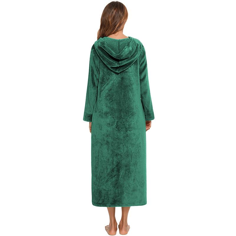 Women's Zip Up Plush Fleece Robe Hooded Warm Long Bathrobe Dressing Gown Winter Cozy Zipper Lounger Sleepwear Housecoat Loungewear Nightgown