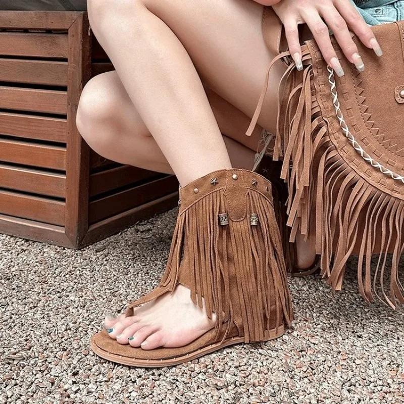 Sandali Borchiati alla Moda Scarpe da Donna Infradito Tacco Basso Nappa Estate Scarpe Romane Lusso Correttivo Infradito Stivali Nuovo Stile