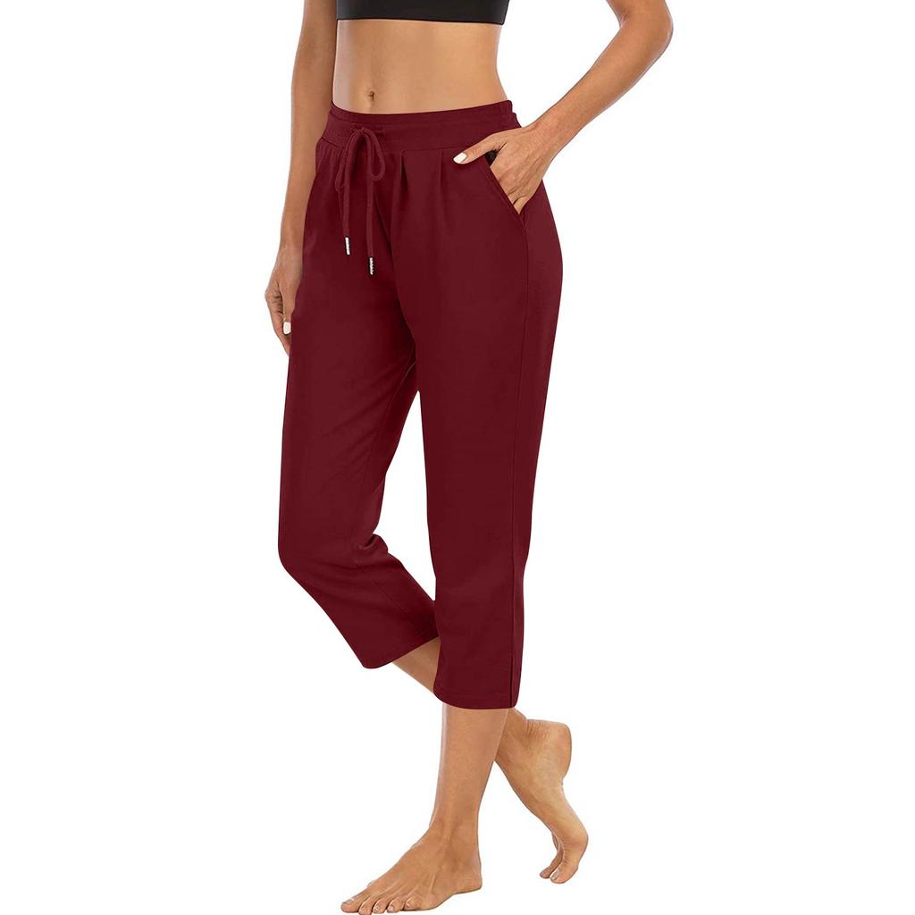 Women Drawstring Waist Capri Pants Soft Lightweight Cropped Lounge Pants with Pockets Relaxed Fit for Daily Wear