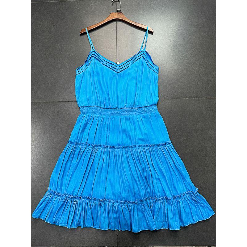 

Export Single Plaid Smooth Material Advanced Texture Ruched Wooden Ear Delicate Soft Elastic Waist Sling Dress Women Blue M