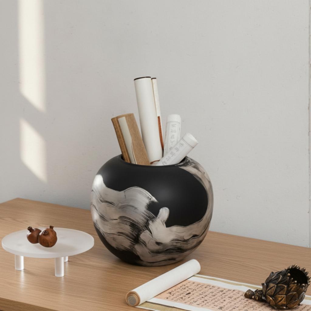 Vase with Brushstroke Decoration Artistic Bulbous Vase Long-Lasting Waterproof for Home Decorators, Entryway, Bookshelf