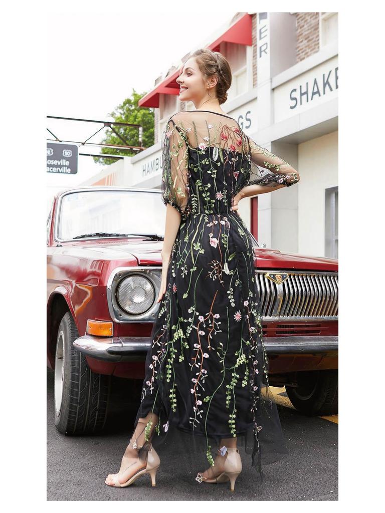 Hepburn Style Plus Size Evening Gown: Women's Mesh Embroidery Banquet Party Dress