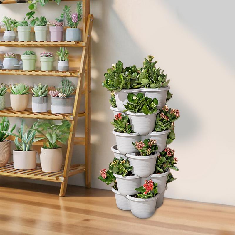 Torre de Macetero de Jardín Apilable de 4 Niveles para Verduras, Macetas de Flores para Jardinería, Sistema de Jardinería Interior con Bandeja y Rueda Flexible