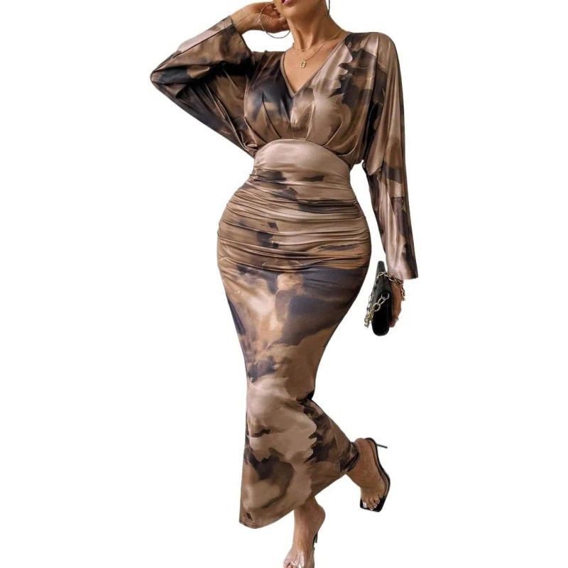 

European and American V-neck Pleat Women Sexy Slim fit Bat Sleeve Dress Bat Sleeve Dress Brown M