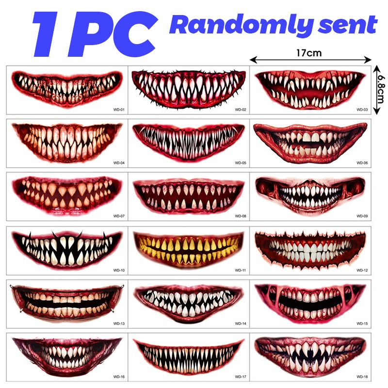 

18 Style Randomly Sent Halloween Scary Big Mouth Temporary Tattoo Waterproof Long Lasting Do Not Stimulate Safety Tattoo Sticker