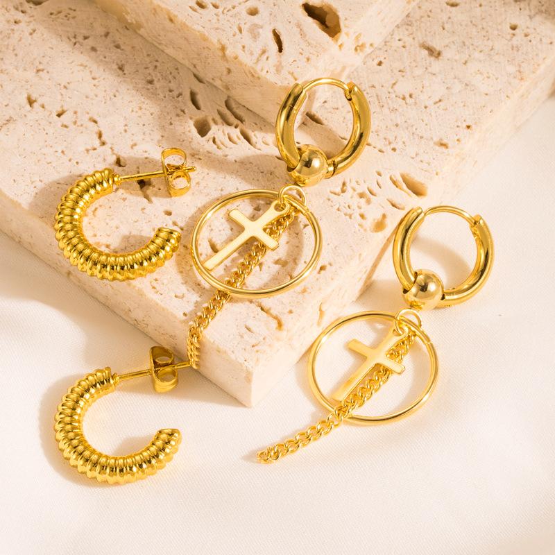 

Женские простые круглые серьги-капли из нержавеющей титановой стали C-образные серьги с подвеской в ​​виде креста, геометрические украшения для ушей