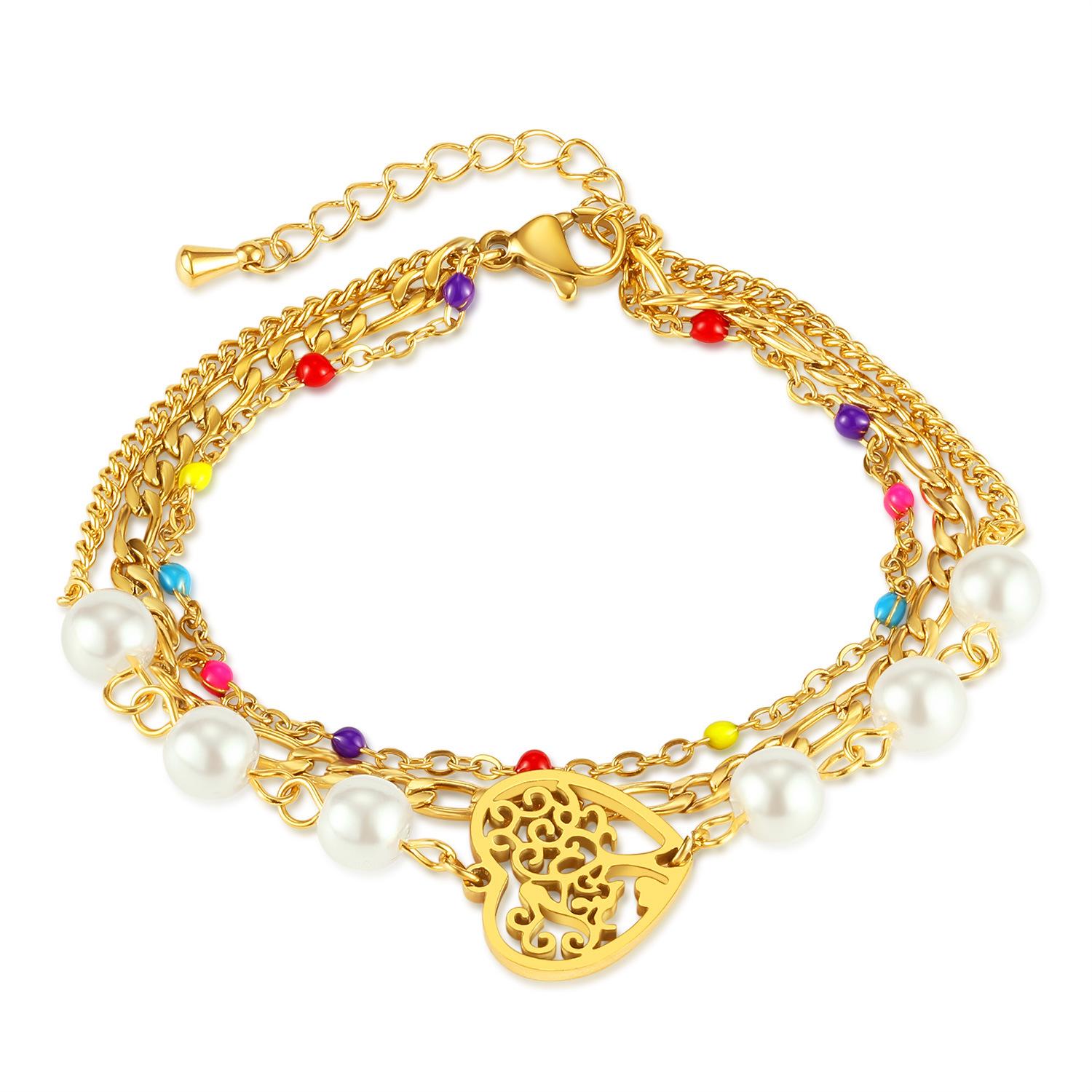 

OPK Браслет из нержавеющей стали с многослойным полым сердцем и жемчугом - Европейский и американский модный дизайн