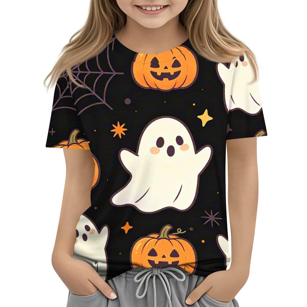 Kids Halloween Short Sleeve Shirt Ghost Skeleton Pumpkin Print Boys Girls Tee Casual Comfortable Fit Lightweight Fabric