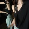Summer Lace Inner Sweet and Spicy Gentle Wind Solid Color Vest Dark V-neck Off-the-shoulder Loose Short-sleeved T-shirt Top Women Ins