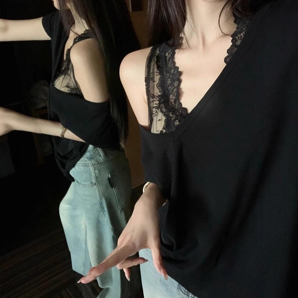 Summer Lace Inner Sweet and Spicy Gentle Wind Solid Color Vest Dark V-neck Off-the-shoulder Loose Short-sleeved T-shirt Top Women Ins