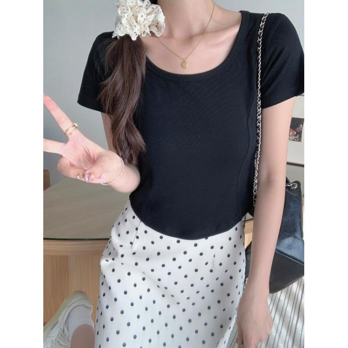 Special Model American Retro U-neck Short-sleeved Women's T-shirt Summer Thin Slim Fit Pure Desire Positive Shoulder Exposed Collarbone Tide
