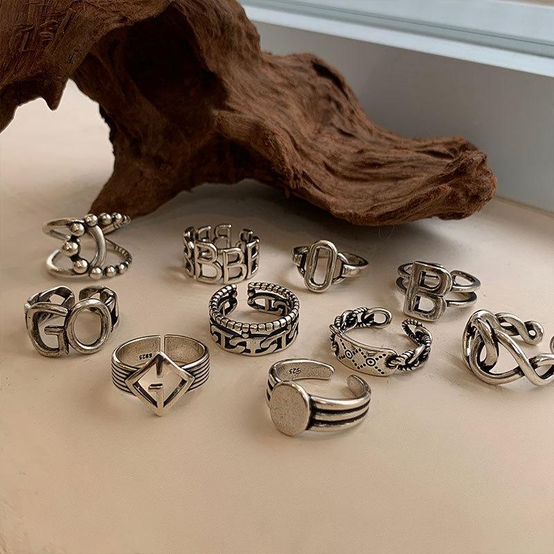 Trendy Distressed Retro Hollow Letter Ring With Geometric Elements For Fashion Womens