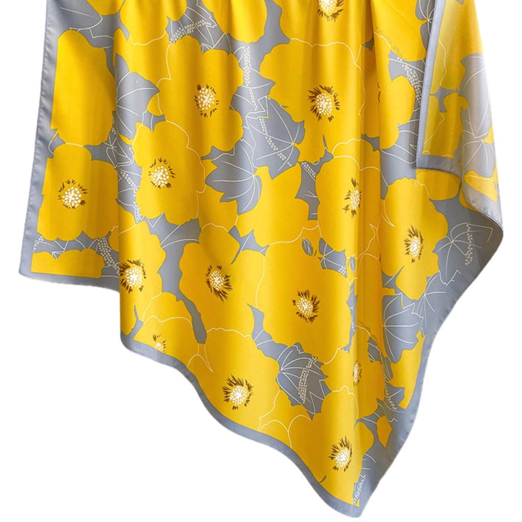 Women' Scarf 90X90 "Summer Glow" - Yellow-Gray with Floral Pattern, Imitation Silk