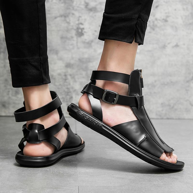 Summer New Men Gladiators High Qualit Leather Casual Shoes Breathable Beach Sandals Outdoor Slippers Black White Big Size