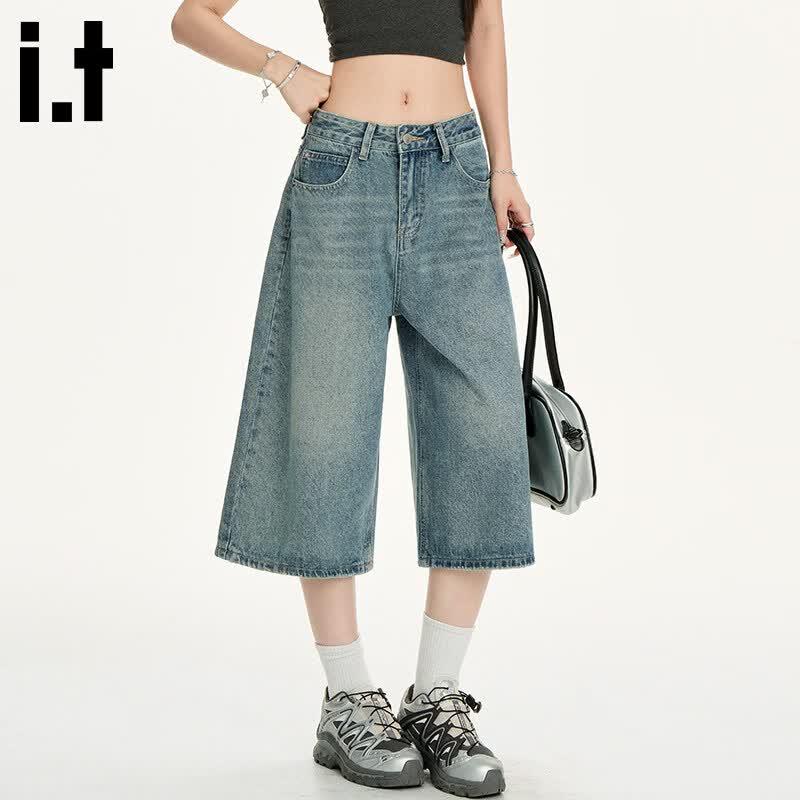 CHOCOOLATEit Women's Washed Wide-Leg Cropped Jeans