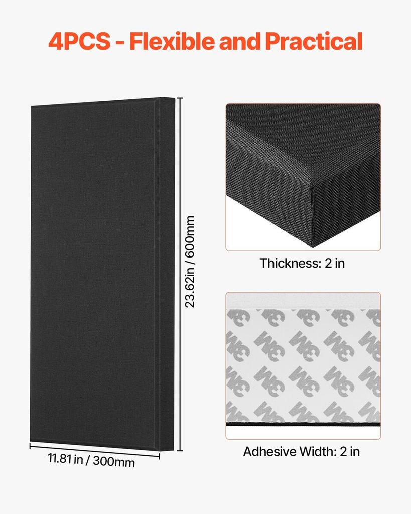 4 PCS Acoustic Wall Panels 2 In Thick 23.6 X 11.8 In Self-adhesive Black
