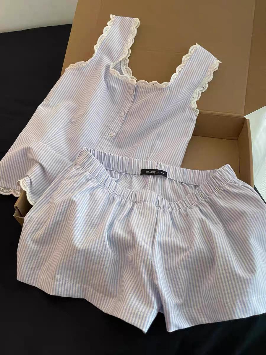 

Girls lazy wind striped pajamas women can wear suspender shorts in summer two-piece women s casual loungewear S