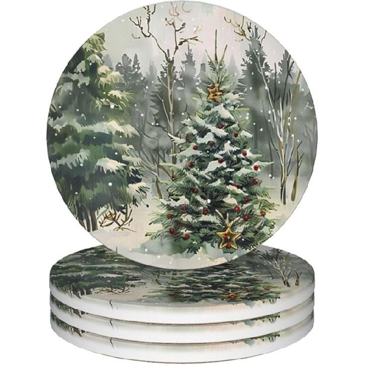 Watercolor Spring Hummingbird Coasters for Drinks Absorbent Ceramic Coaster Set of 4 for Coffee Table Cup Bar Desk Round Coasters Mat with Cork Base Winter Christmas Tree