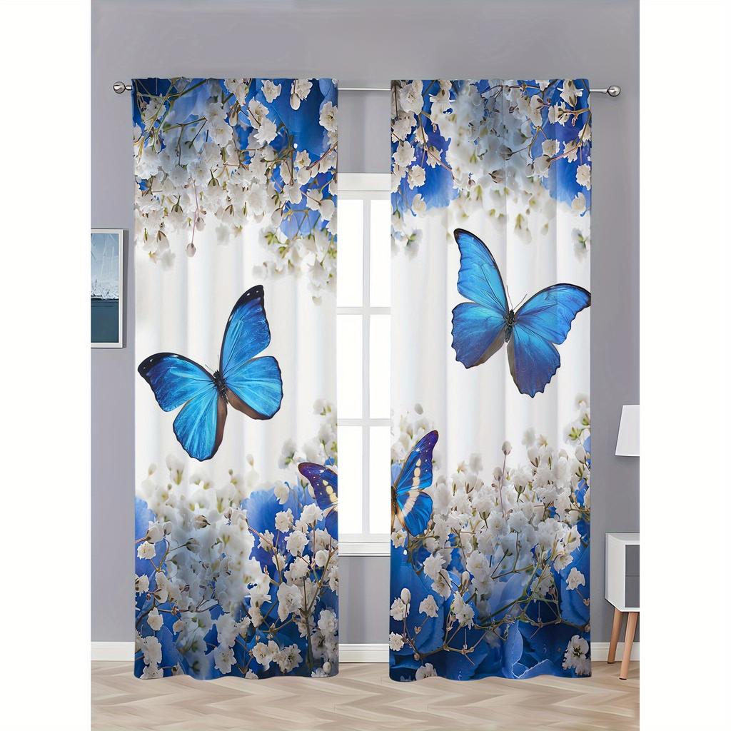 2pcs Set Blue Purple Butterfly Floral Curtains, Soft Polyester, Rod Pocket Design for Living Room, Bedroom, Kitchen, And Office