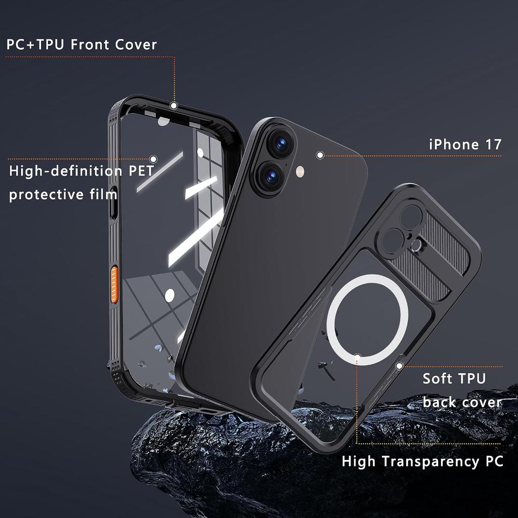 Magnetic Clear Cover for IPhone 17 Pro Max 16 Plus Air Case IP68 Waterproof Built-in Screen Film Underwater Full Body Protection