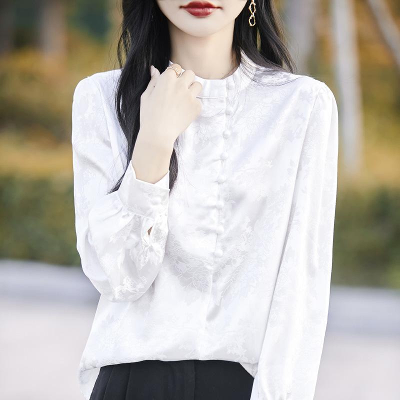 Dámská košile v čínském stylu pro jaro, nový styl, malý stojáček, luxusní top s dlouhým rukávem, retro košile