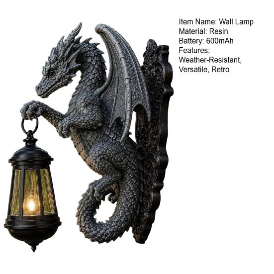 Solar Dragon Wall Light Vintage Resin Outdoor Dragon Sculpture Lamp Waterproof Gothic Garden
