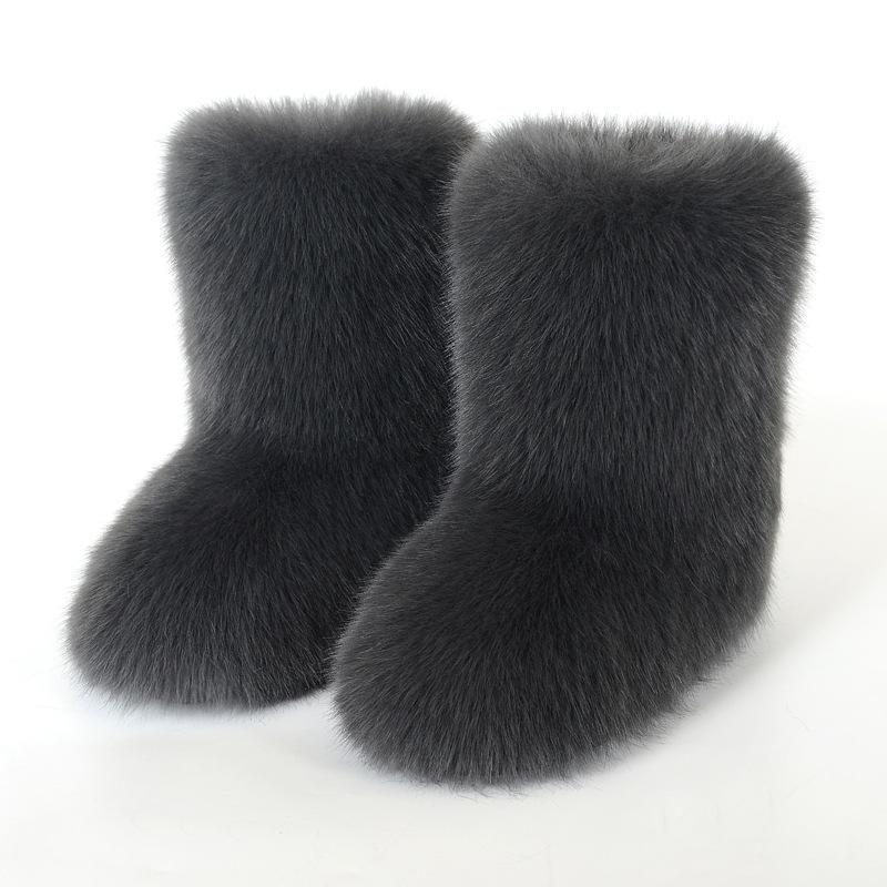 Mao Mao Stiefel Damen Warm Rutschfest Imitation Fuchs Mittelhoher Schaft Imitation Waschbärfell Winter Schneestiefel
