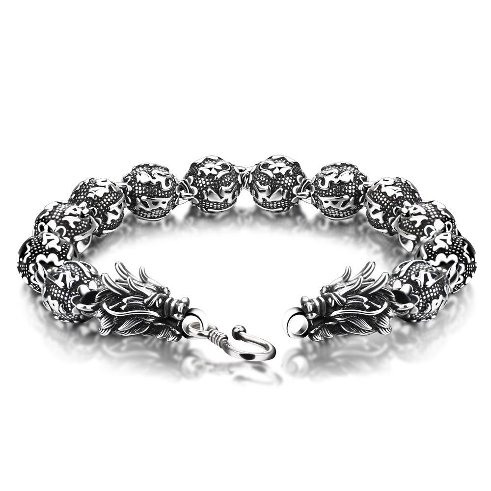 National Style Retro Dragon Buddha Bead Men'S Bracelet National Style White Copper Electroplating Rhodium Double Faucet