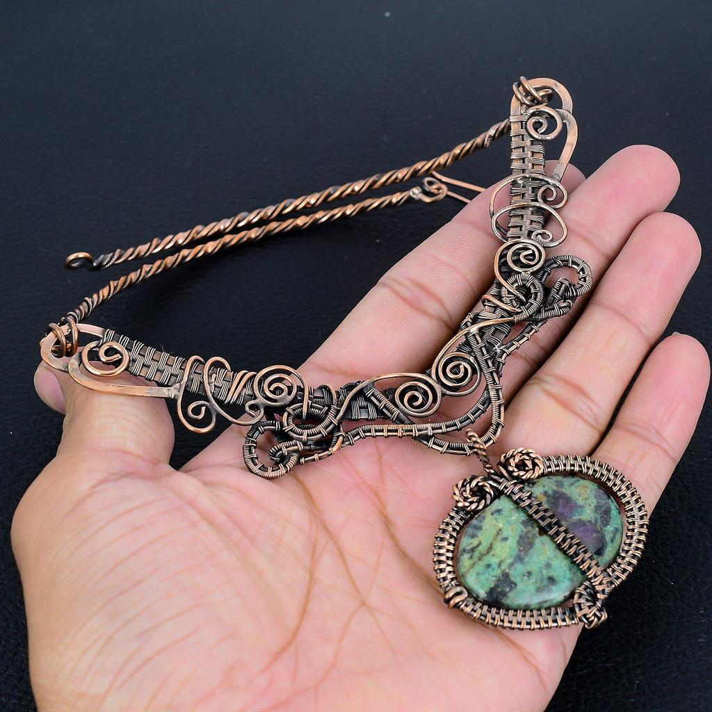 Ruby In Zoisite 999 Copper Wire Wrapped Necklace Adjustable, Chain Necklace Handmade Gemstone, Gift For Mom Antique Jewelry
