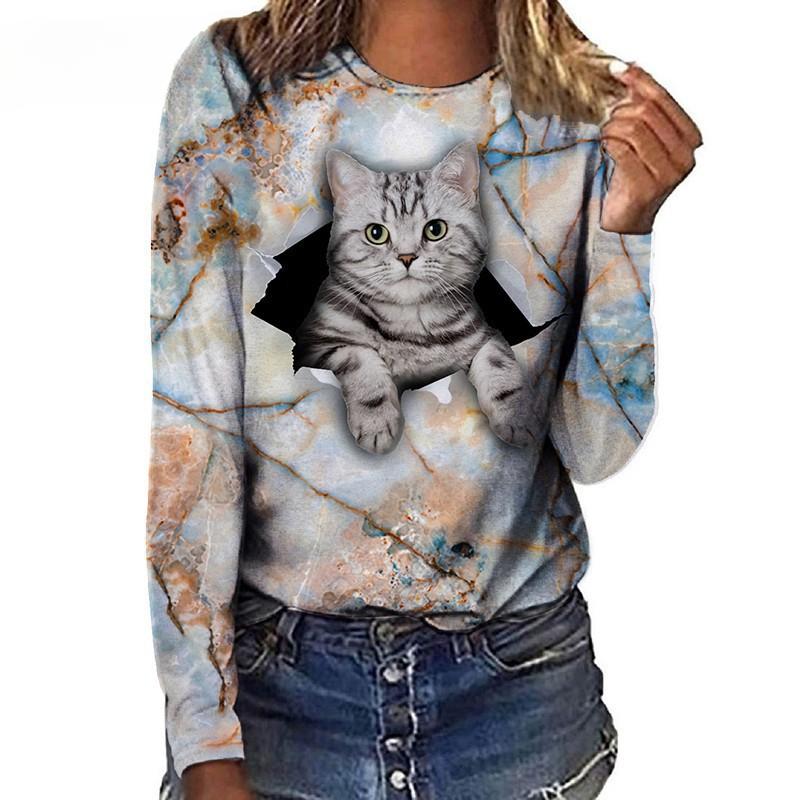 Women's Long Sleeved T-shirt Cat Case Digital 3D Printing Women's Street Sports T-shirt Top Cat T-Shirts