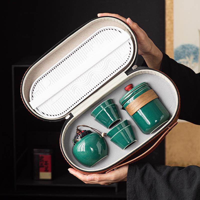 Ge kiln ceramic kung fu tea set, one pot of four cups, outdoor portable travel tea set, teacup gift souvenir