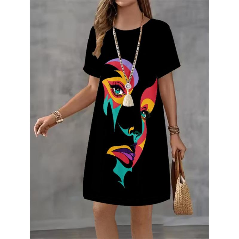 Fashion Trend 3D Imitation Denim Pattern Women's Dress New Summer Street Denim Flower Print Short Sleeve Loose Casual Mini Dress
