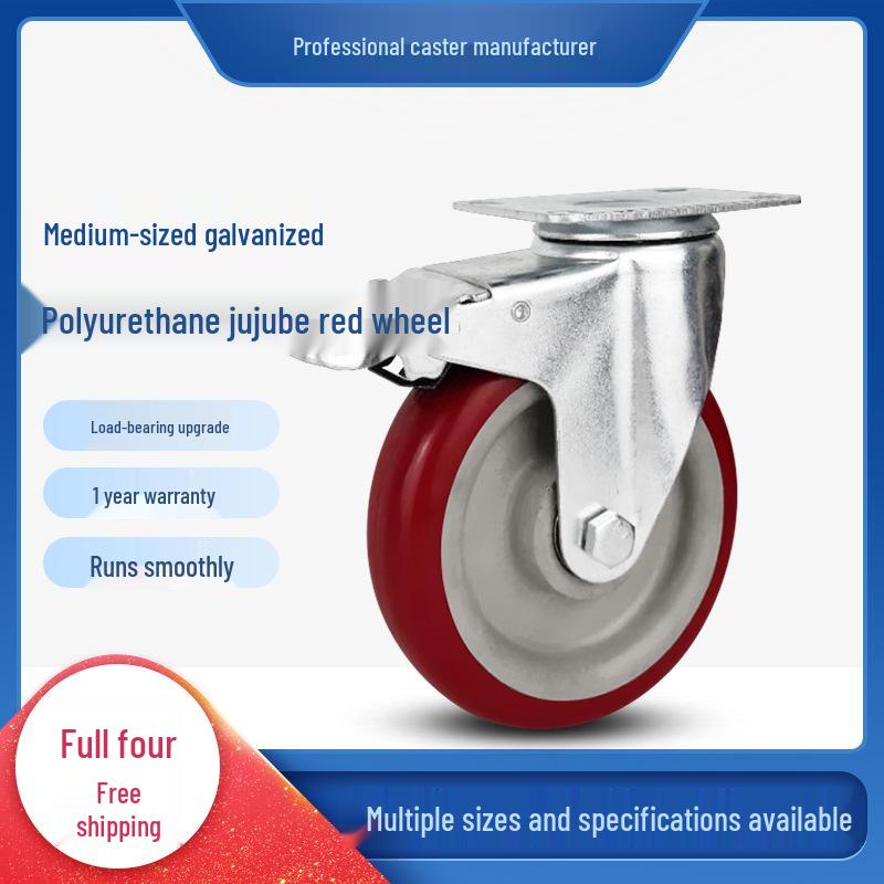 Red Polyurethane Swivel Casters, Medium-Thick 3'', 4'', 5'', Double Bearings, Wear-Resistant, High-Strength Furniture Wheels