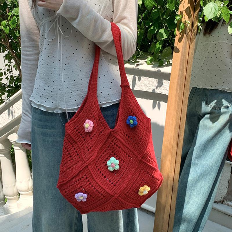 Yogodlns Summer New Hollow out Knitted Flower Tote Bag Single Shoulder Commute High-End Feeling Large Capacity Business Commuting