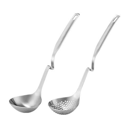 Doveja 2-Piece Stainless Steel Ladle Set with Slotted Ladle and Pot Hooks for Attaching To the Edge of a Pot or Container, Dishwasher Safe