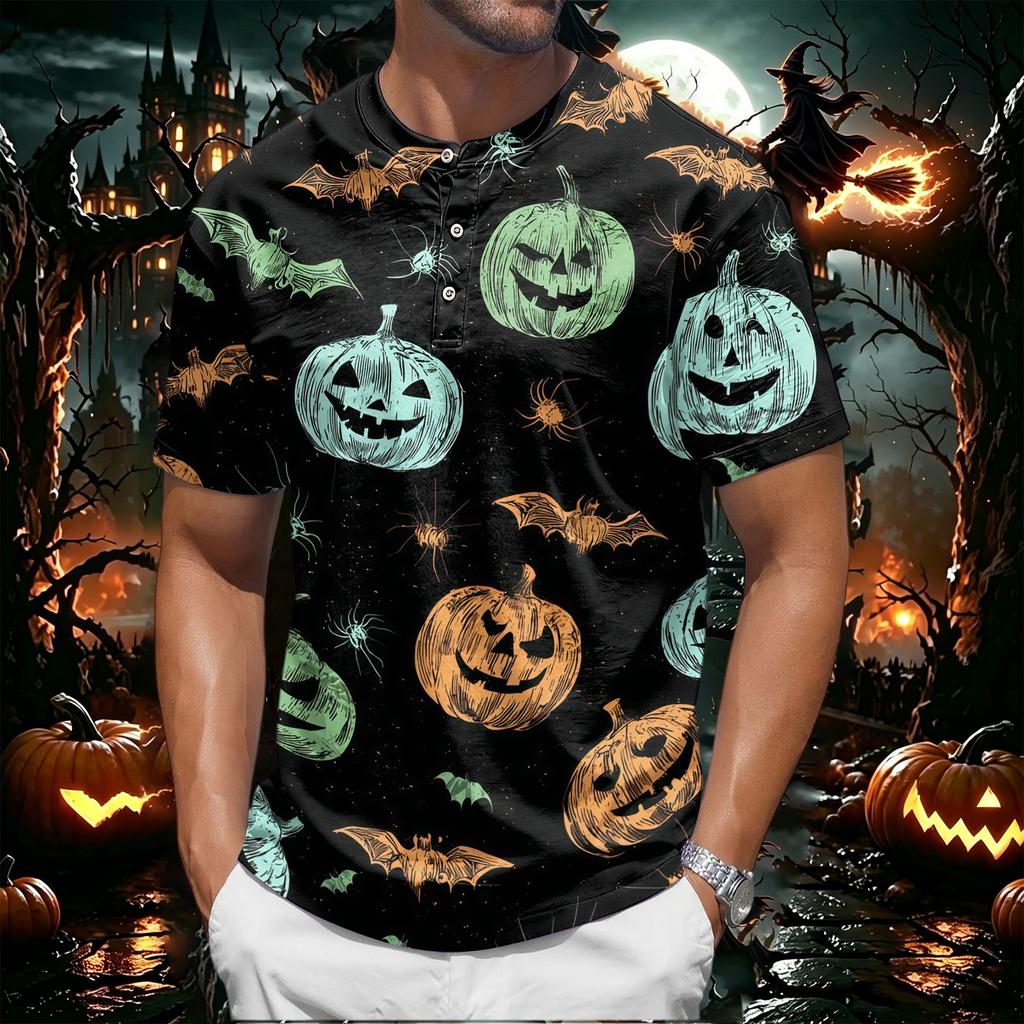 Men's Halloween Spider Web Print Short Sleeve Henley Shirt Casual Round Neck Button Front Top