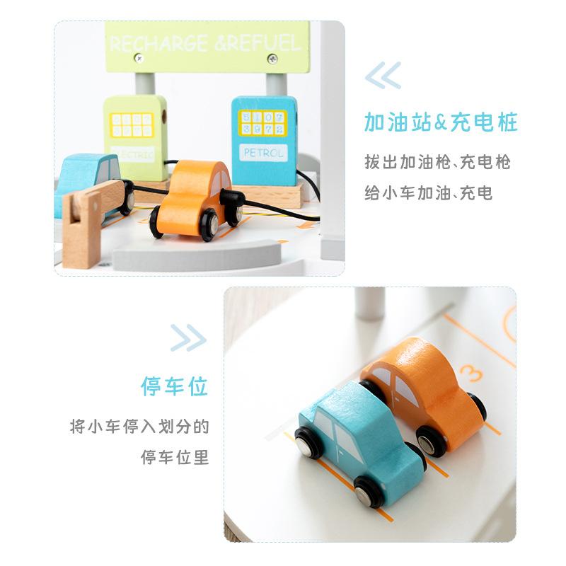 Wooden Simulation Parking Lot Toy Rotating Parking Lot Gas Station Scene Simulation Puzzle Toy