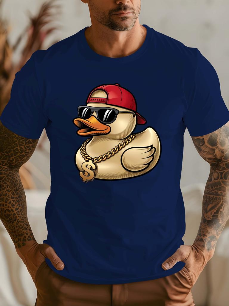 Unisex White Tee Trendy Hip Hop Rubber Duck Cartoon Graphic Print Crew Neck Short Sleeve Summer Casual Male Cotton Street Top
