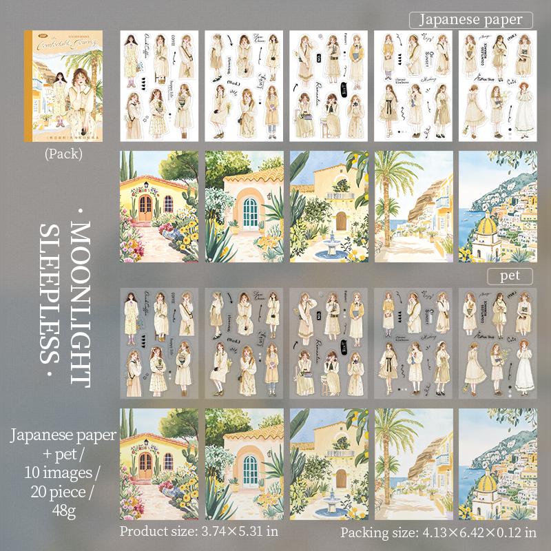 20 Sheets/pack Dual Material Self-Adhesive Sticker Book Cozy Journey Series Character Travel Theme Holiday Decoration