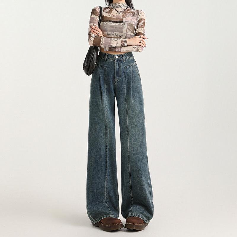 Women's High-Waisted Retro Wide-Leg Jeans, Slimming Waist-Cinched Pear Shape Loose Straight Leg Pants