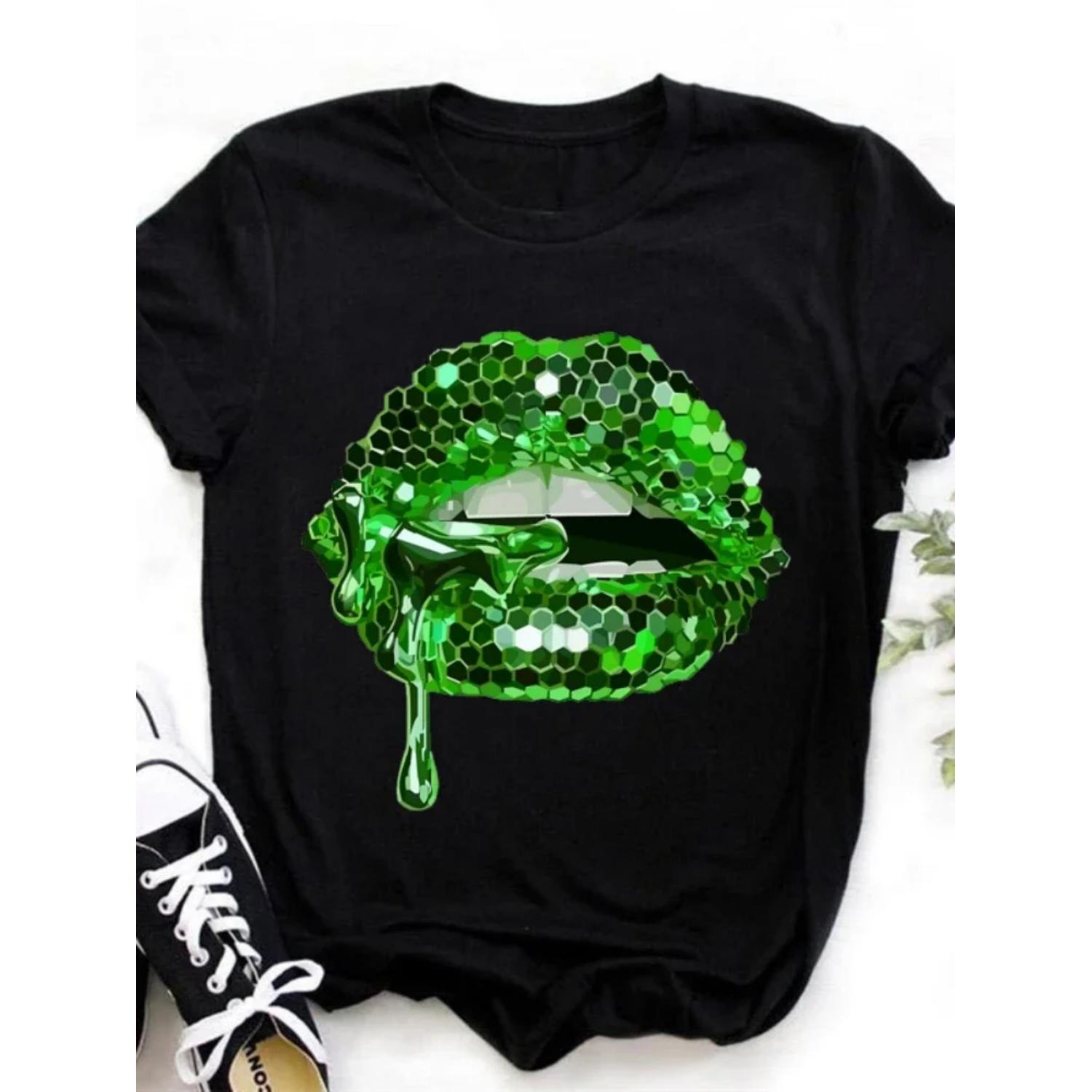 Блестящий Принт Губ Женская Футболка с Коротким Рукавом Круглый Вырез Свободная Женская Футболка Женские Футболки Топы Одежда Camisetas Mujer S чёрный