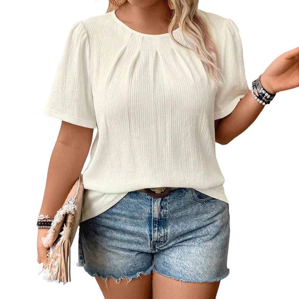Plus Size Casual Short Sleeve T Shirt Loose Fit Round Neck Pleated Solid Color Summer Top Lightweight Breathable Soft Fabric