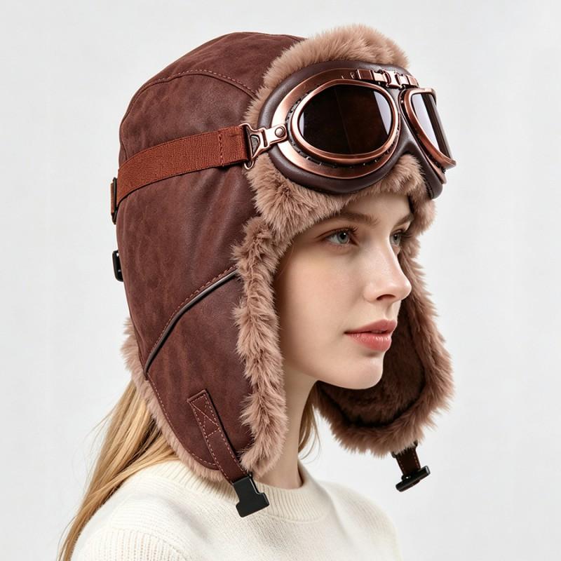 Unisex Vintage Pilot-Style Fleece-Lined Winter Hat With Goggles Cold Weather Riding Outdoor Use