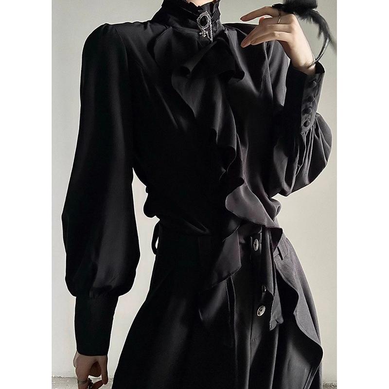 Dunkle Japanische Viktorianische Vintage Gothic Bluse Schwarz Laternenärmel Rüschenhemd Harajuku Y2K Punk Streetwear Cosplay