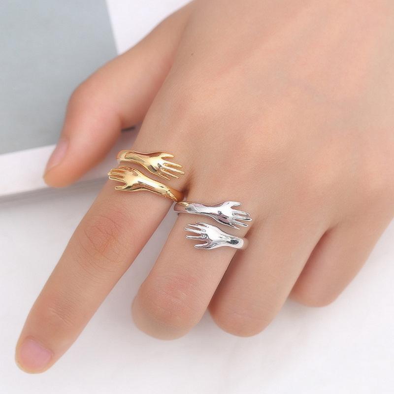Hands Hug Shaped Couple Rings For Lovers Women Men Lady Boy Girls Valentine's Day Jewelry Gift Silver Color Adjustable Open Ring