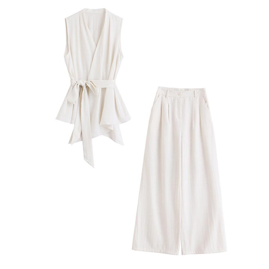 Royal sister Fan sleeveless vest fashion suit women's summer new age-reducing linen wide-leg pants two-piece set