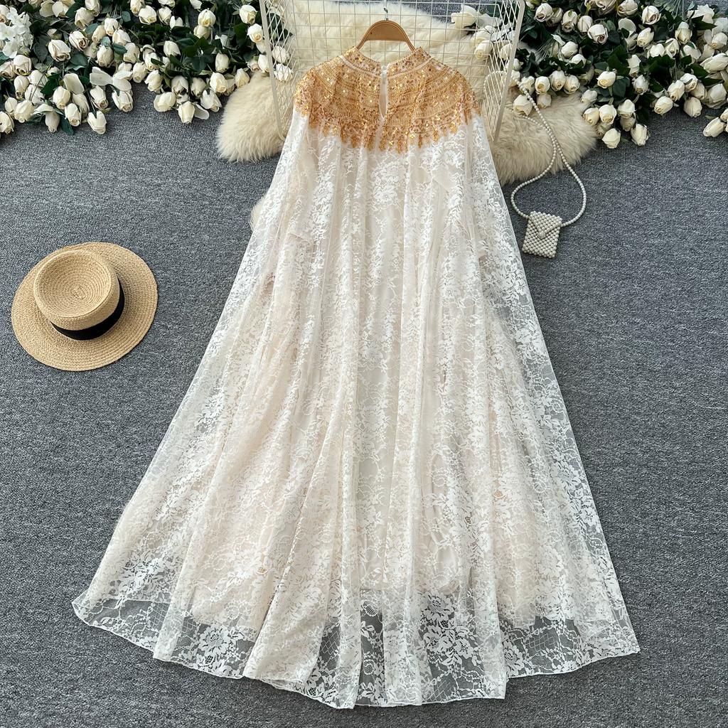 Nuovi Completi Vestito in Pizzo Ricamato con Perline e Paillettes Autunnali per Donna Autunno Vintage Manica a Mantella Collo Tondo Lungo Maxi Abito Robe Musulmane