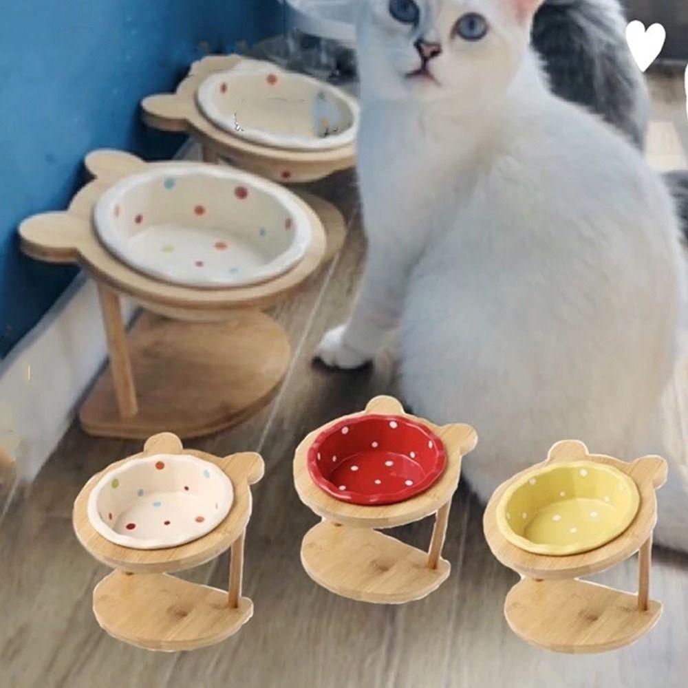 Wooden Stand Cat Ceramic Bowl Non-Slip Cat Water Bowl Anti Vomiting Bowl  Pet Supplies