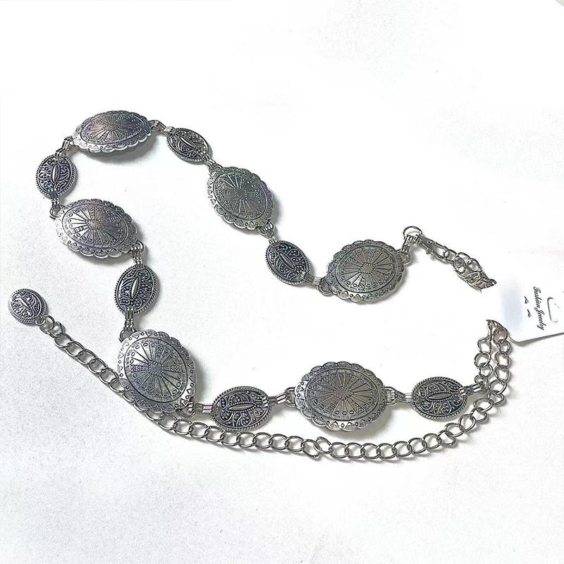 Damen Metall Hüftkette im Vintage-Stil Damen Geschnitzt Dekorative silberfarbene Metallkette Gürtel mit Rockgürtel für Damen AB001
