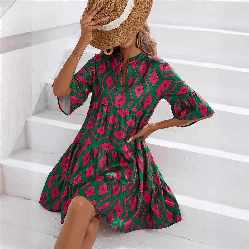 Frühlings- und Sommer-Freizeit-Midirock Mode bedrucktes Urlaubs-Kleid